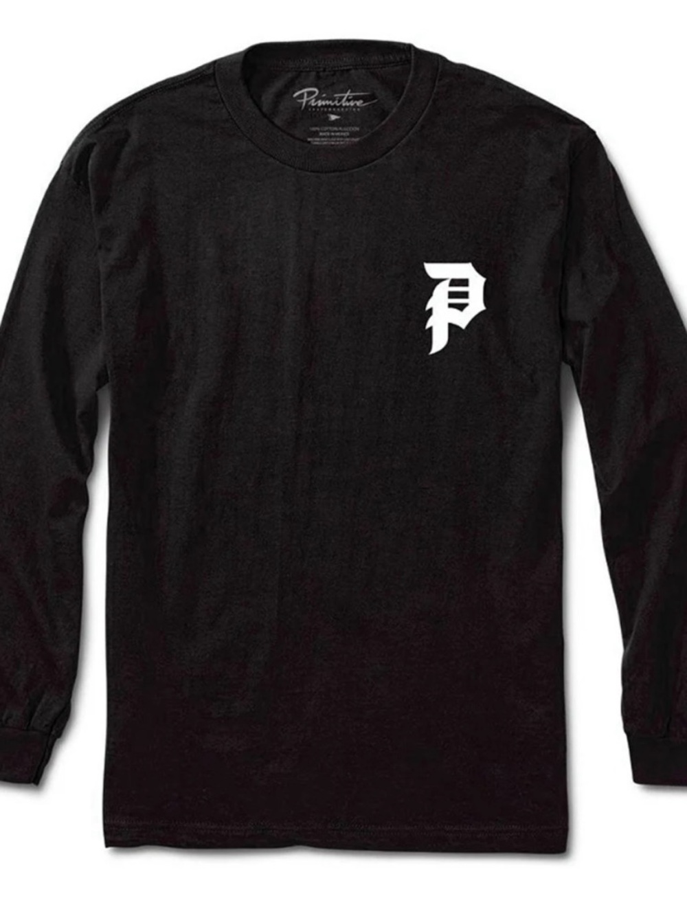 Primitive Black Long Sleeve Tee with White “Dirty P” Logo - Mens XL